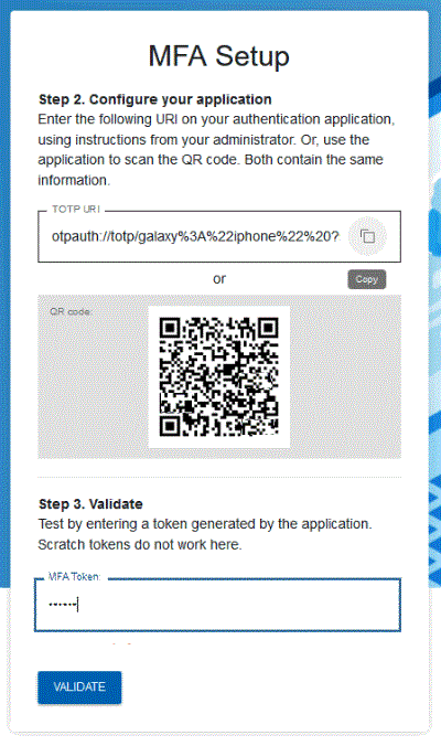 Ecran Configuration MFA affichant l'étape 2 et l'étape 3 de la configuration