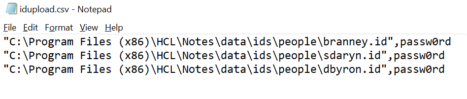 ID ファイル・パスとパスワードを含む csv ファイルの例