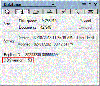 数据库属性框中显示的 ODS 53 版本