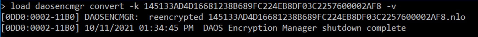 Example console output for the load daosencmgr convert -k <objectkey>