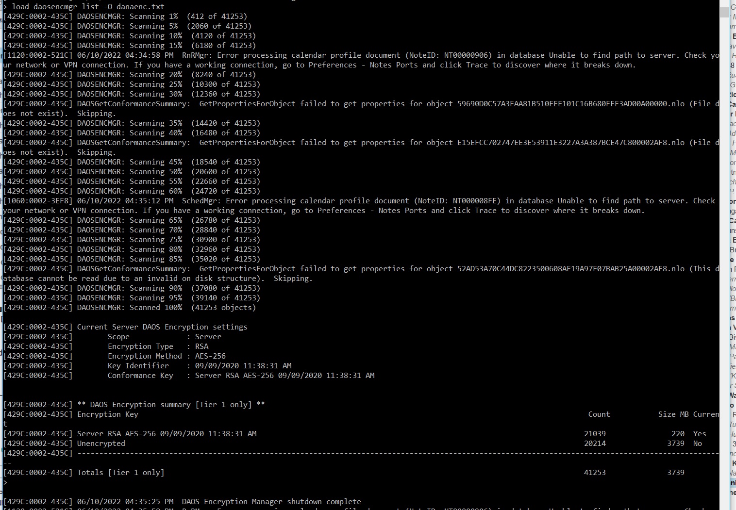 Example console output for the load daosencmgr list outfile command