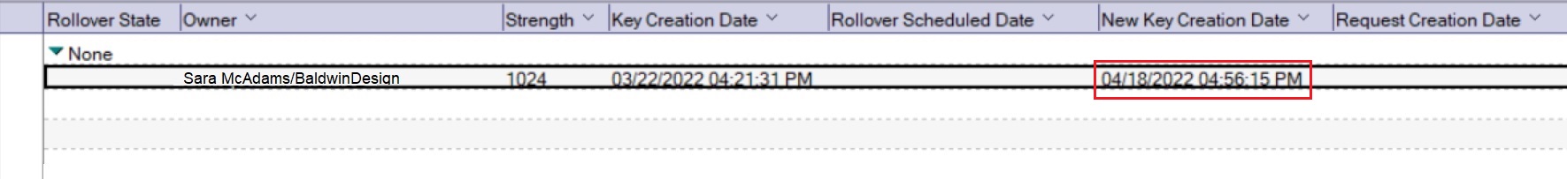 User Sara McAdams with a rollover New Key Creation Date in the vault