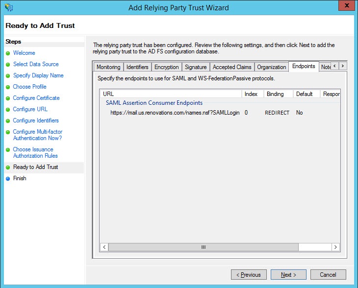 Endpoints REDIRECT binding URL for Domino web server