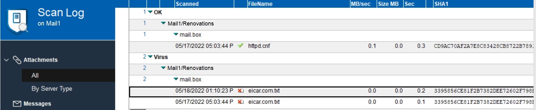 All view of scan log for Mail1/Renovations