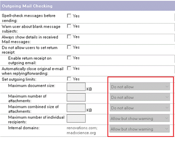 Combinations of "Do not allow" and "Allow but show warning" options selected for Set outgoing limits.