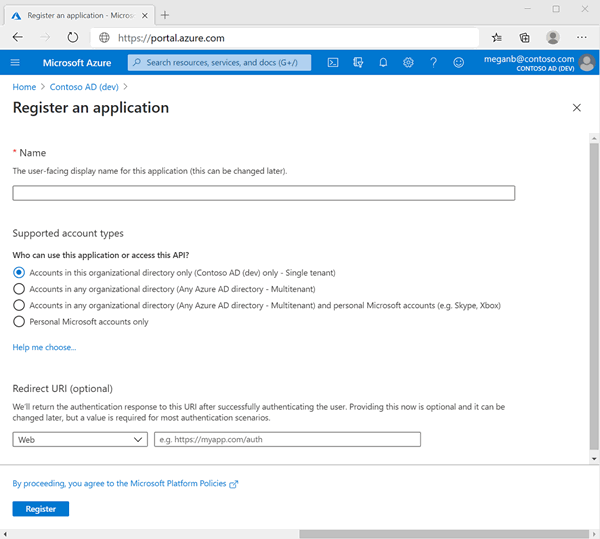 Azure にアプリを登録するためのフォームのスクリーンショット