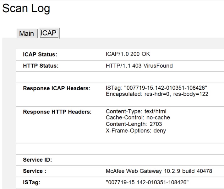 サーバー Mail1/Renovations のウィルスログの [ICAP] タブ