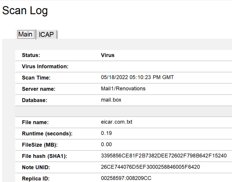 サーバー Mail1/Renovations のウィルスログの [メイン] タブ