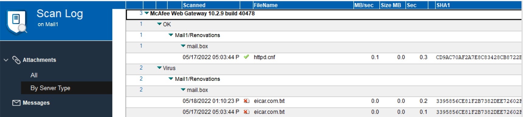 Mail1/Renovations のスキャンログの [サーバータイプ別] ビュー