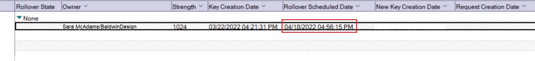 ID 저장소에 롤오버 스케줄된 날짜가 있는 사용자 Sara McAdams