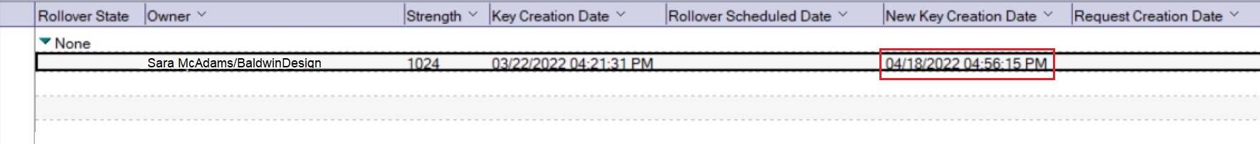 用户 Sara McAdams 在保险库中具有翻转新密钥创建日期