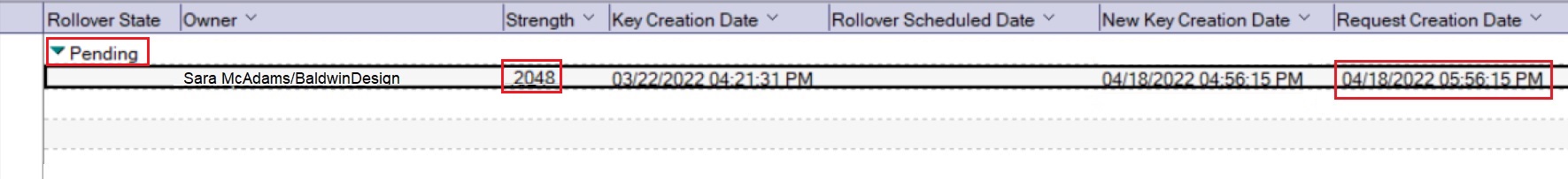用户 Sara McAdams 在保险库中具有翻转请求创建日期