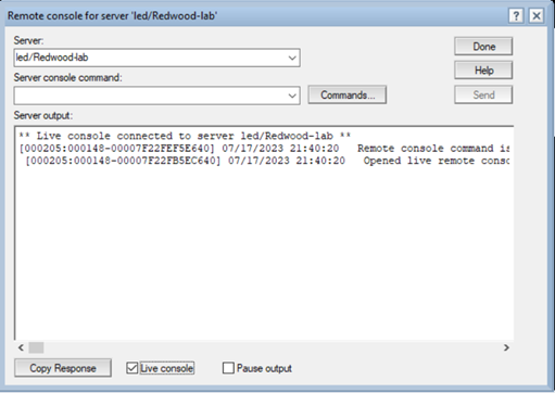 Remote console for server showing in output that live server is connected