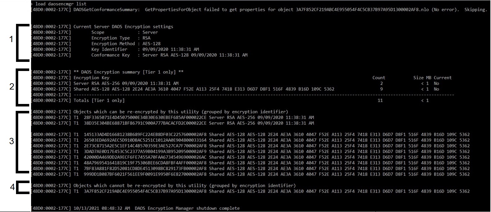 Example console output for the load daosencmgr list command with numbered keys that are explained after