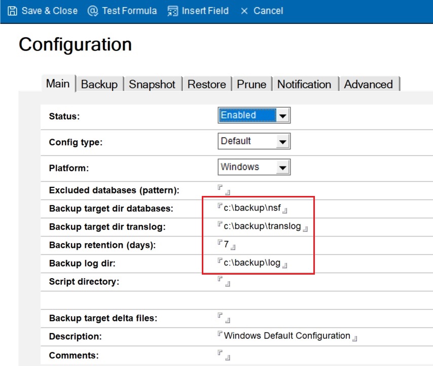 Default values for Windows in the Main tab of the configuration document