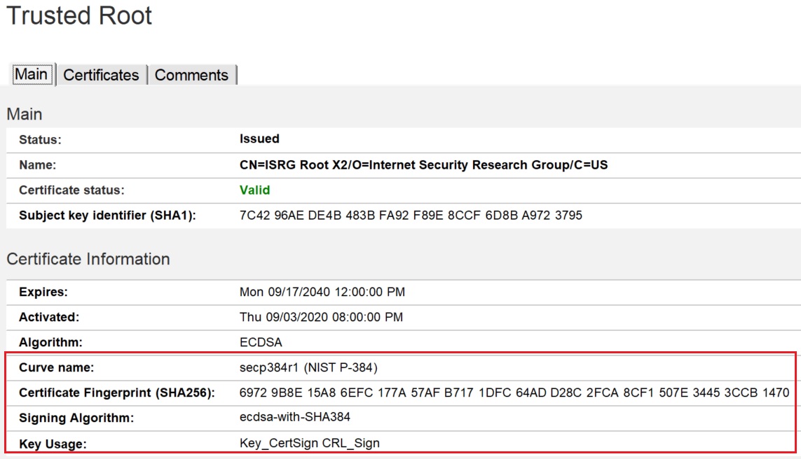 Updated or new fields in Trusted Root