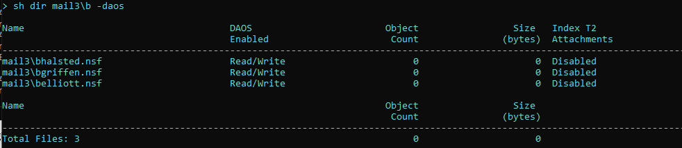 Console showing results for three databases for the "show directory" command with -daos switch