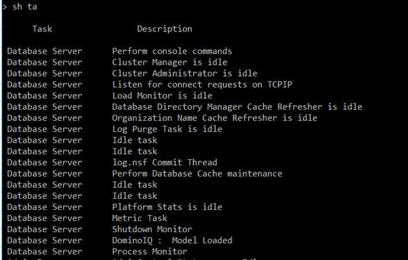Console output showing list of server tasks and their statuses, including "Model Loaded" status for the Domino ID task.