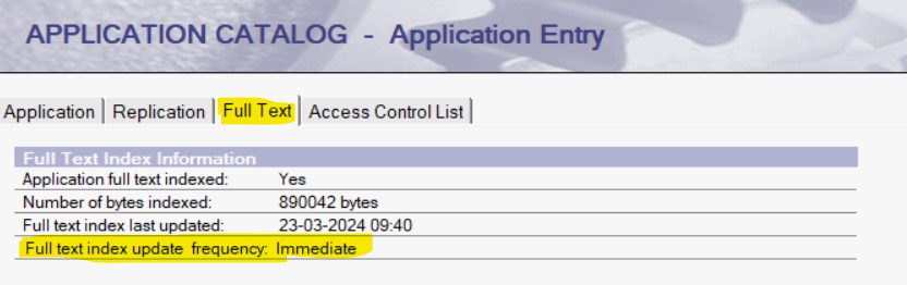 Screenshot of new full text indext update frequency field