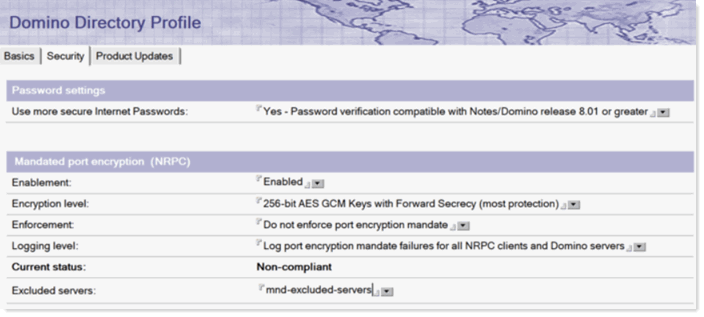 Mandated port encryption logging level setting in the Security tab of the Domino Directory Profile