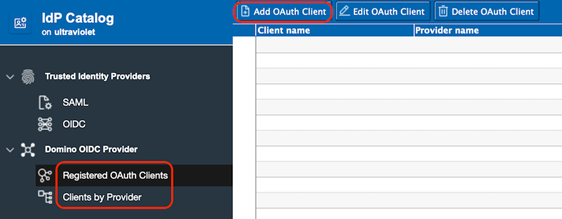 Add OAuth Client button for Domino OIDC provider