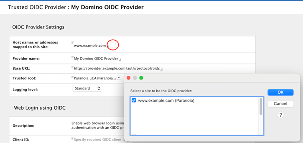IdP Catalog app showing list of options for "Host names or addresses mapped to this site" field