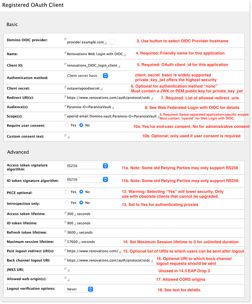 Sample of a Registered OAuth Client document when completed