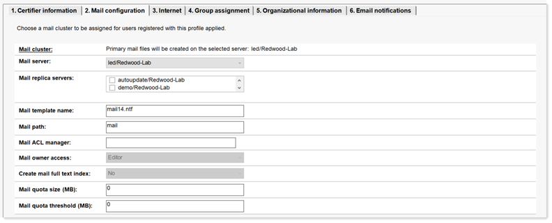 Sample field content for Mail configuration tab