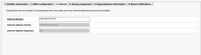 Sample field content for Internet tab