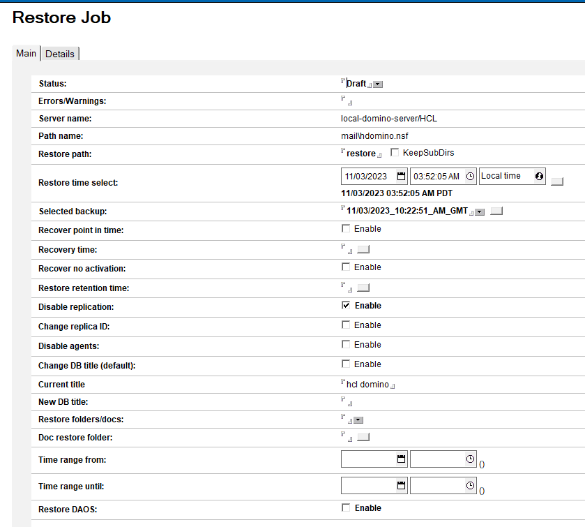 Main tab of Restore Job page with options selected