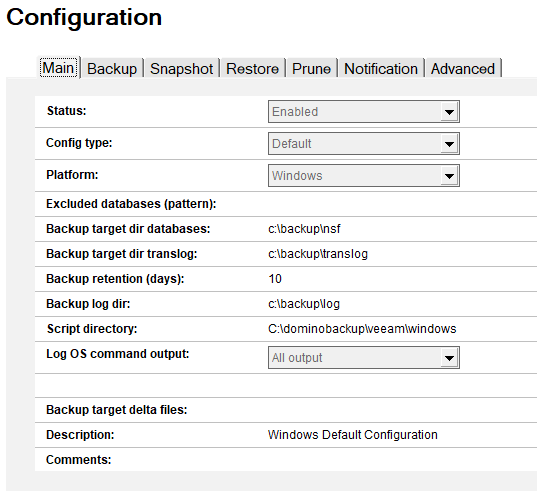 Sample content of Main tab in Configuration view