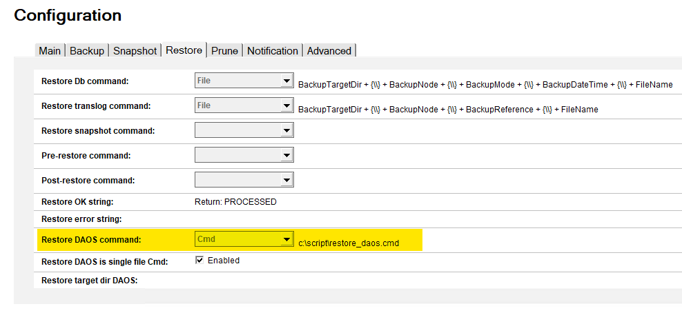 Configuration with "Restore DAOS command" field set to Cmd