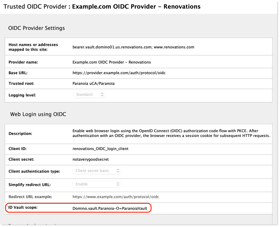 Trusted OIDC Provider document showing edited ID Vault scope value