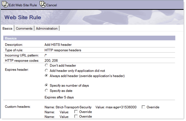 Web Site Rule document, Basics tab, with Custom headers field showing name of Strict-Transport-Security max-age value of 31536000