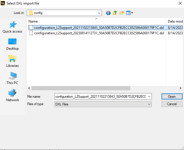 The "Select DXL import file" dialog box showing config folder with file selected