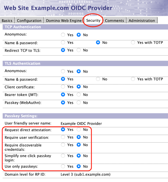 Optional passkey configurations on Security tab