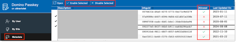 Metadata view in Domino Passkey database