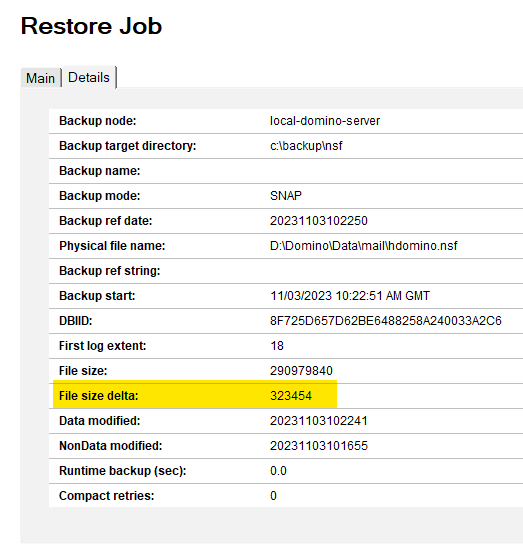 Details tab of Restore Job page