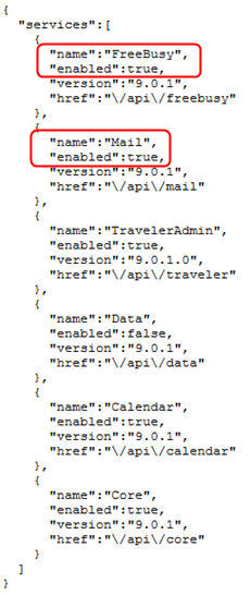 JSON serviceslist with Mail and Freebusy services highlighted