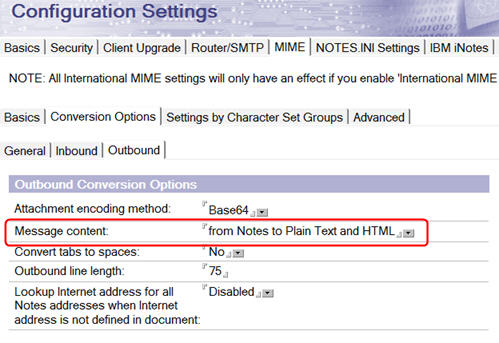 Domino Configuration Settings Document MIME settings