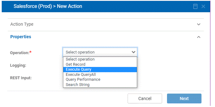 enter properties in new action dialog