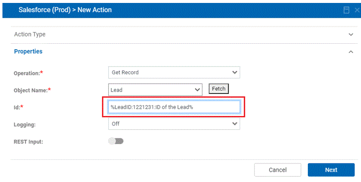 properties fields in new action dialog