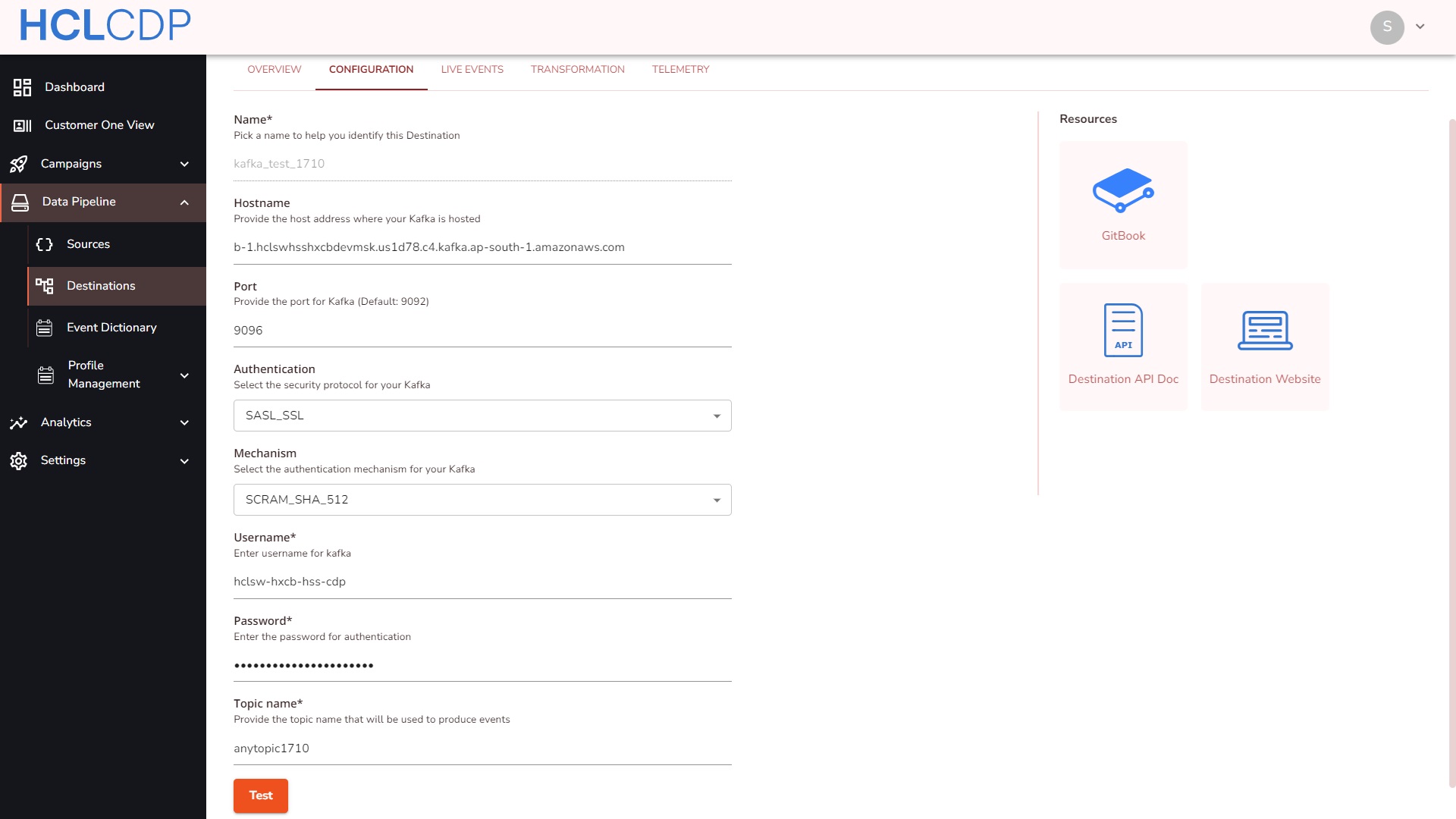 Configuring Kafka as destination.