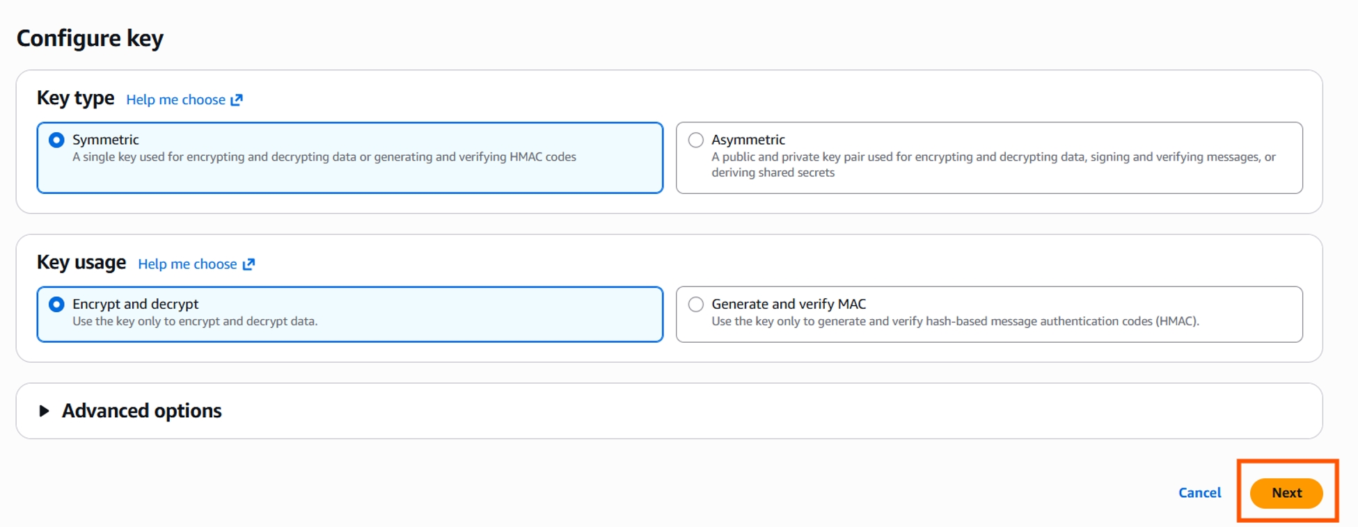 Configure key - Symmetric, Encrypt and decrypt
