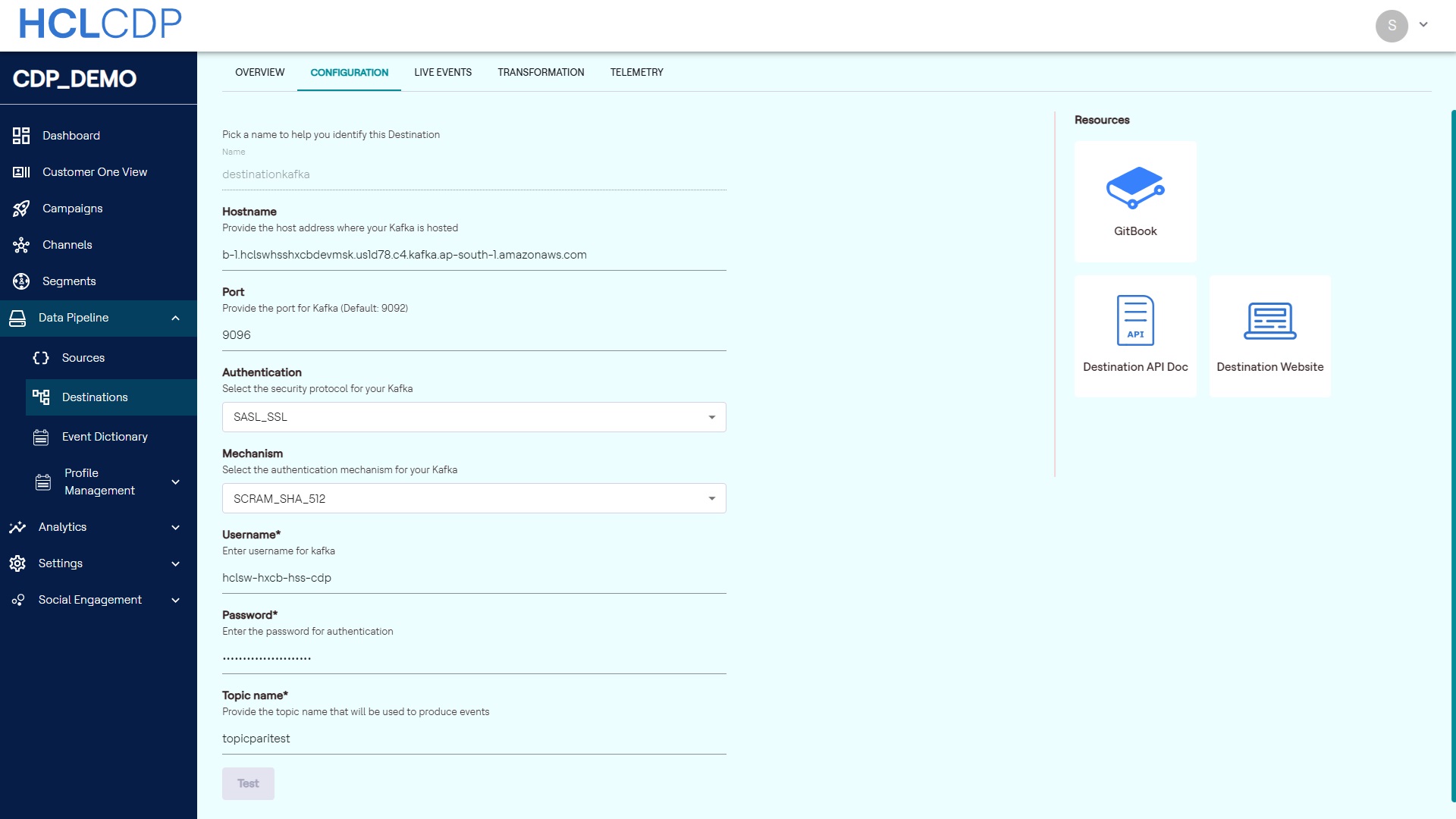 Configuring Kafka as destination.