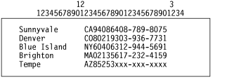 This example contains city names, two-character state codes, zip codes, and telephone numbers in the character positions previously described.