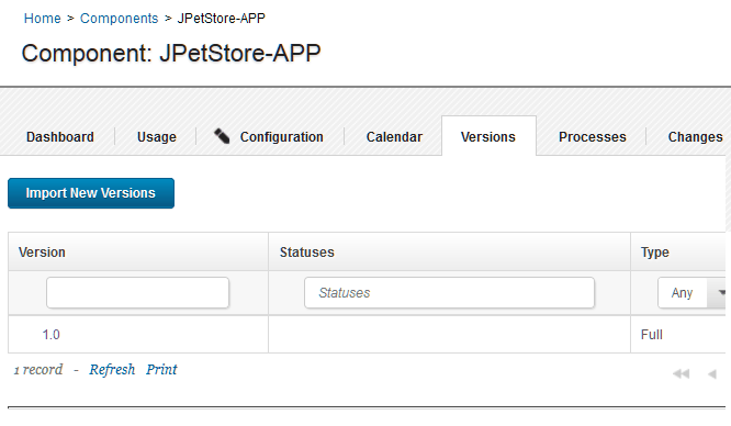 The first version of the new component is shown on the Versions tab