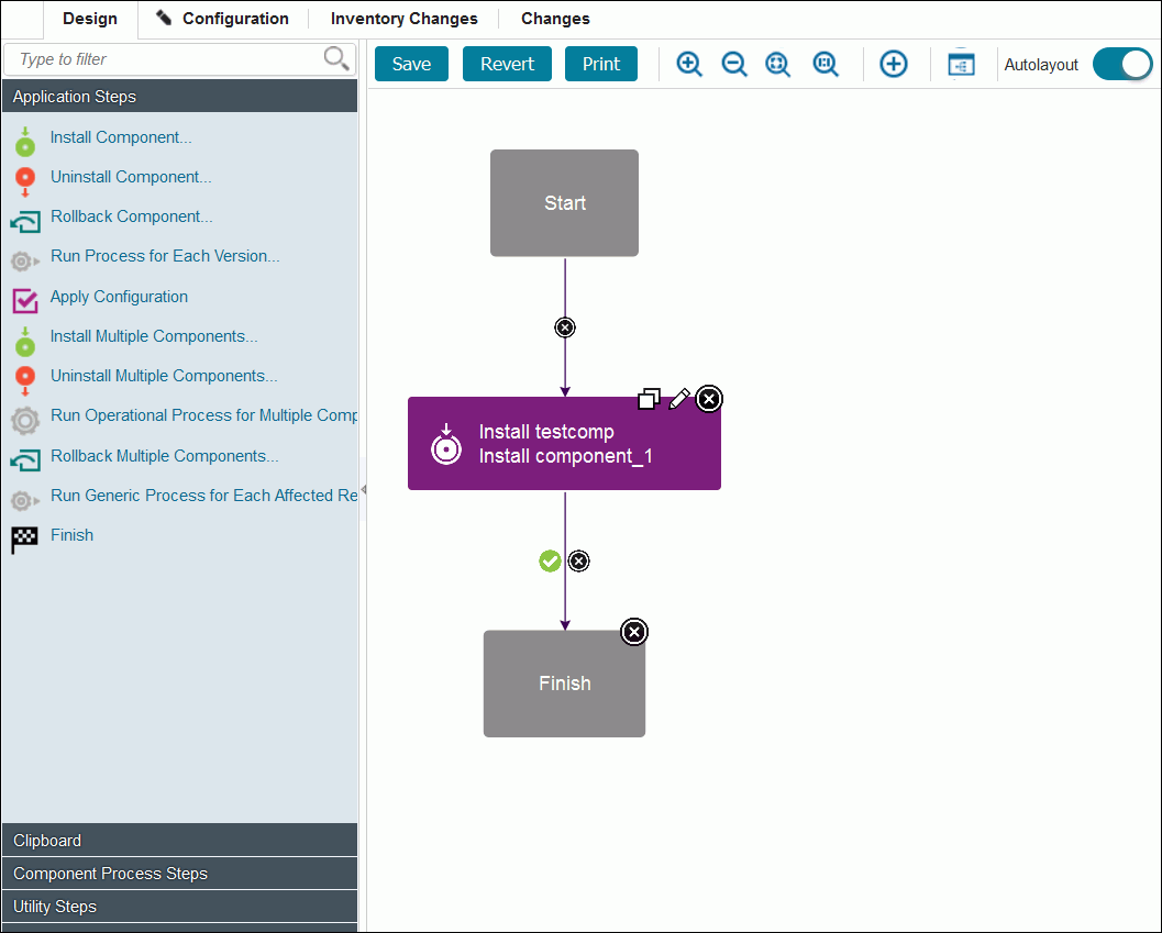 The process editor, showing the editing area and the list of available steps