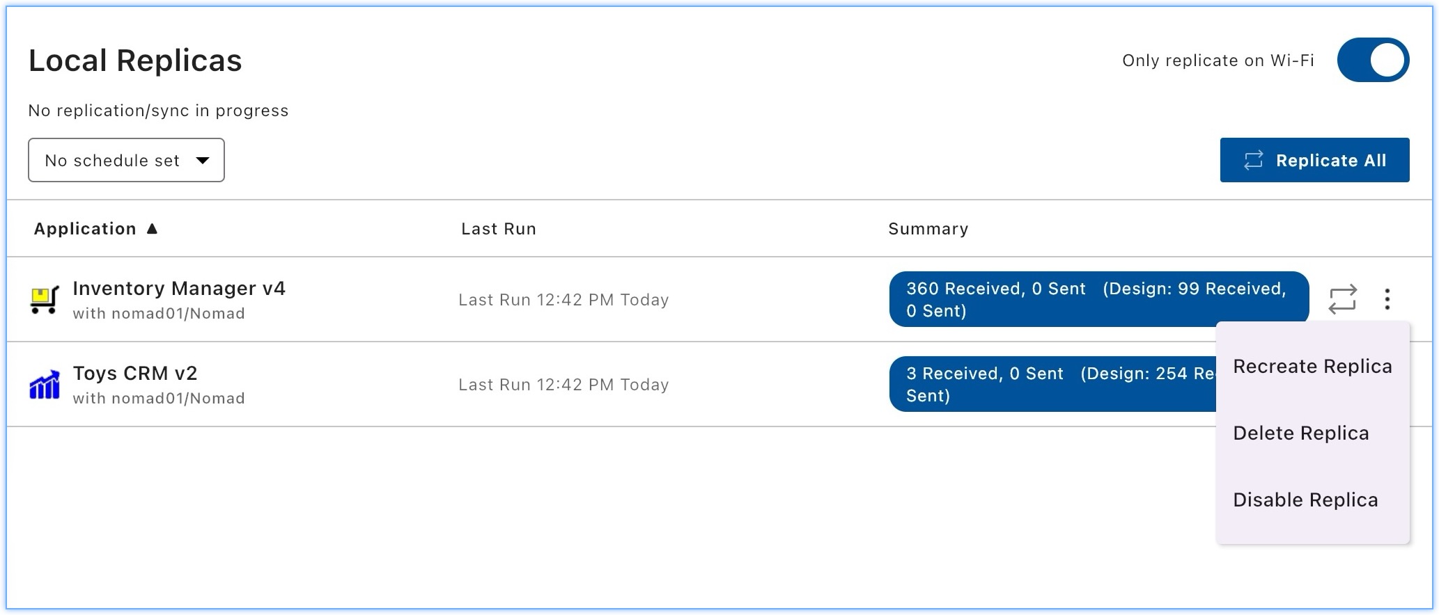 Screenshot of a Local Replicas dashboard listing two applications with their last run times and replication summaries. A Replicate All button and Only replicate on Wi-Fi toggle appear at the top, while an open menu offers Recreate Replica, Delete Replica, and Disable Replica options.