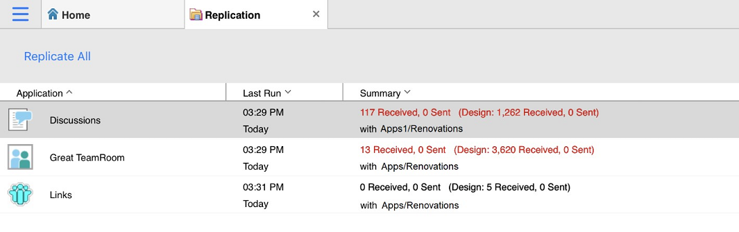 Replication page showing replication information about local replicas.